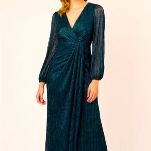 METALLIC CRINKLED MESH DRAPED LONG GOWN IN TEAL SAPPHIRE